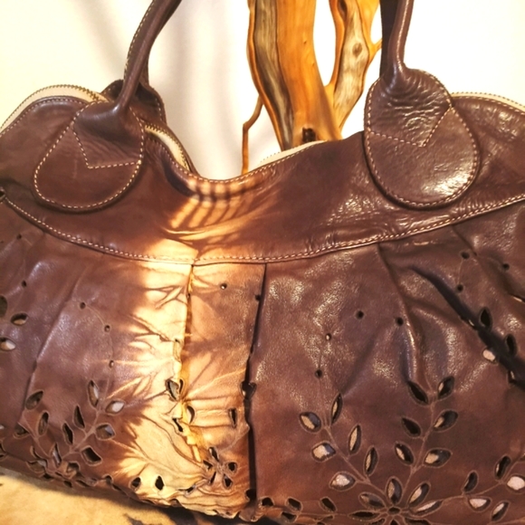 CATERINA LUCCHI-Brn/Ivory Leather Tie Dye Satchel w/ Tassel-NEW - Picture 10 of 15